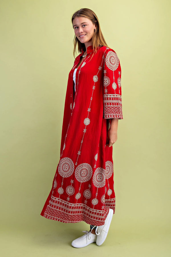 Button Down Metallic Embroidery Midi Dress