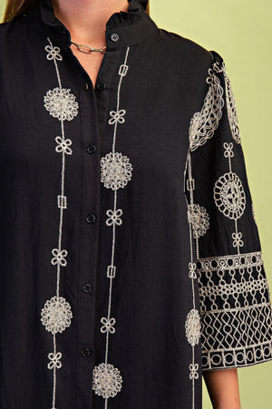 Button Down Metallic Embroidery Midi Dress