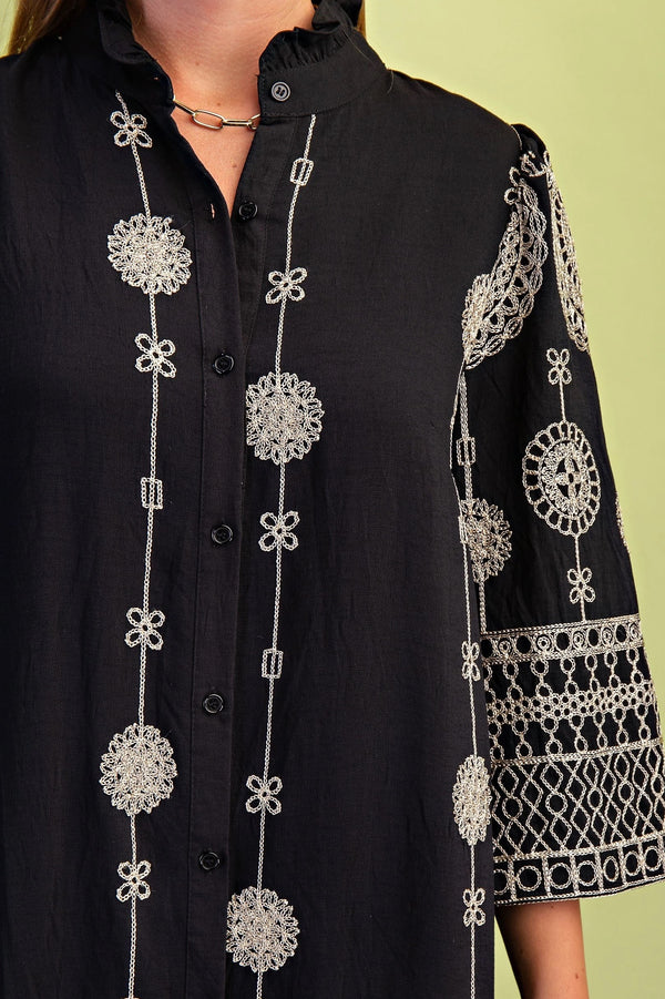 Button Down Metallic Embroidery Midi Dress