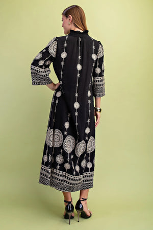 Button Down Metallic Embroidery Midi Dress