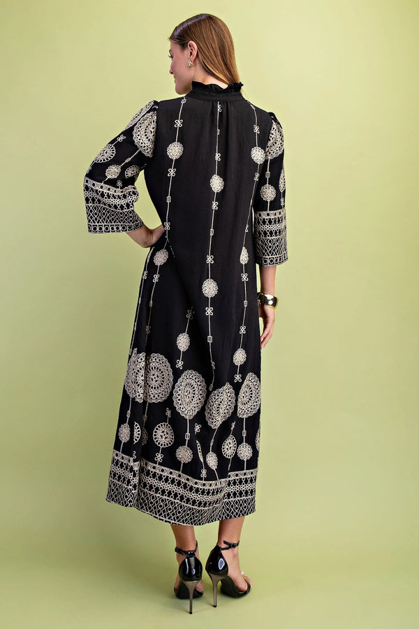 Button Down Metallic Embroidery Midi Dress