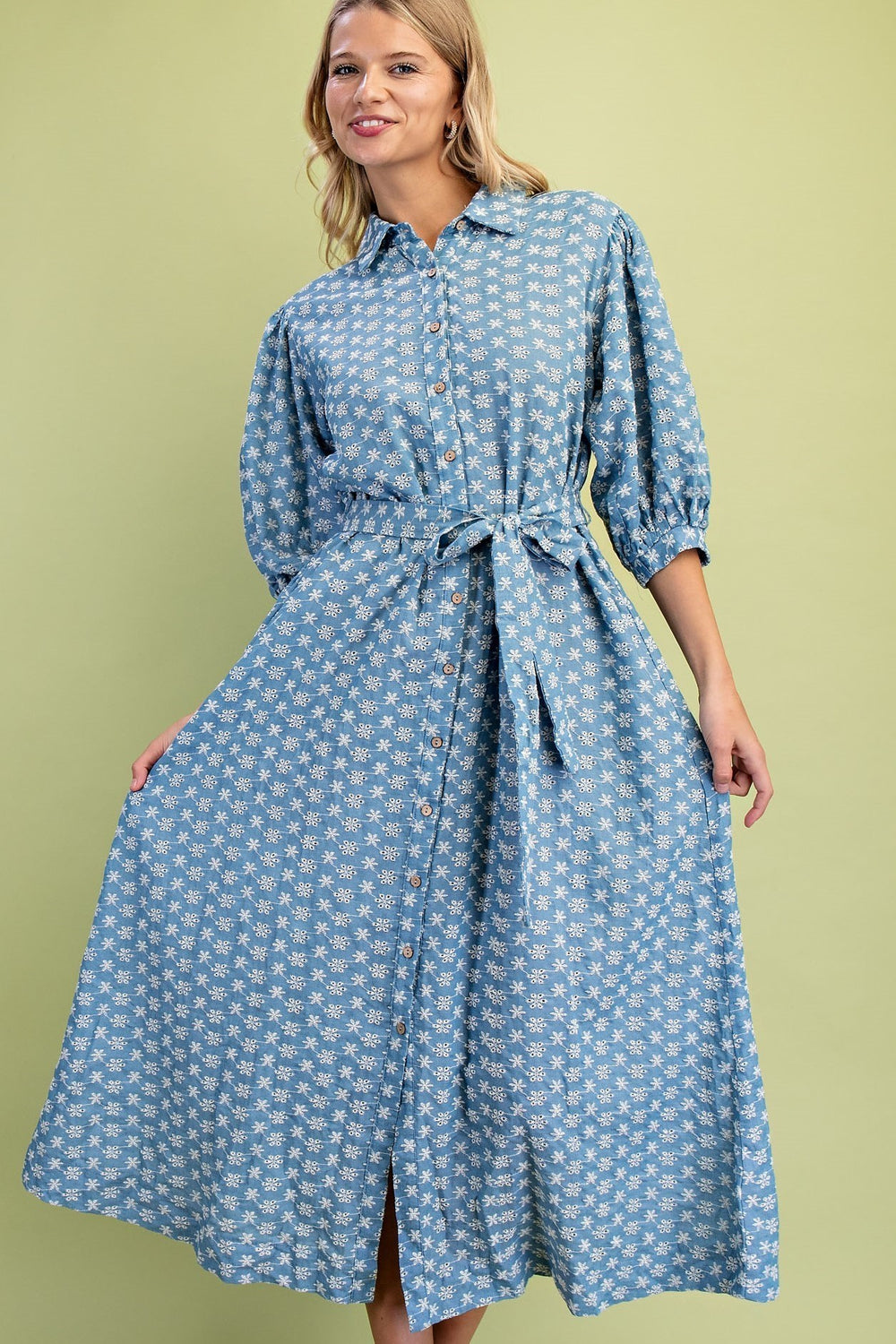 Floral Embroidered Denim Button Down Dress with Waist Tie