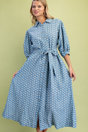 Floral Embroidered Denim Button Down Dress with Waist Tie