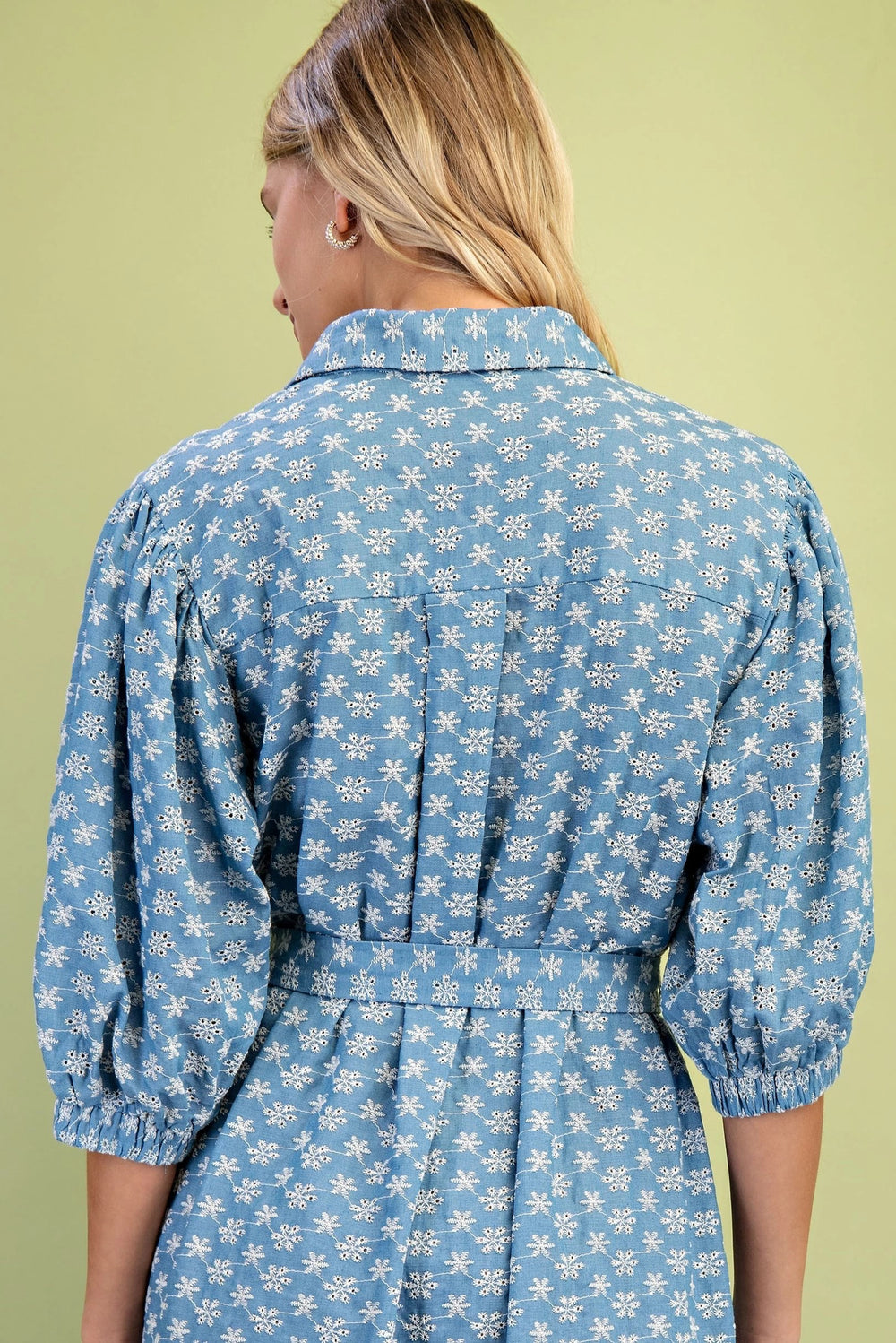 Floral Embroidered Denim Button Down Dress with Waist Tie