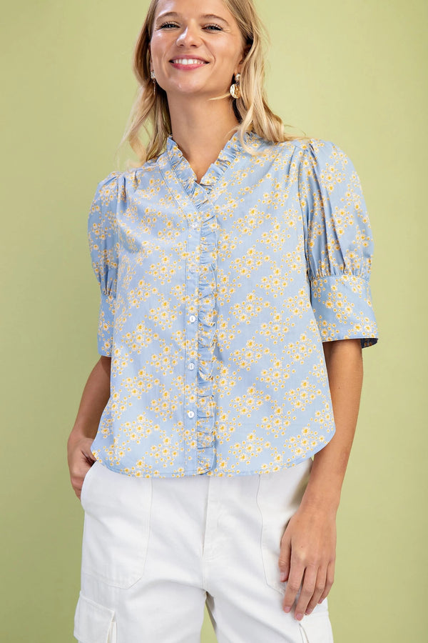 Floral Ruffle Button Down