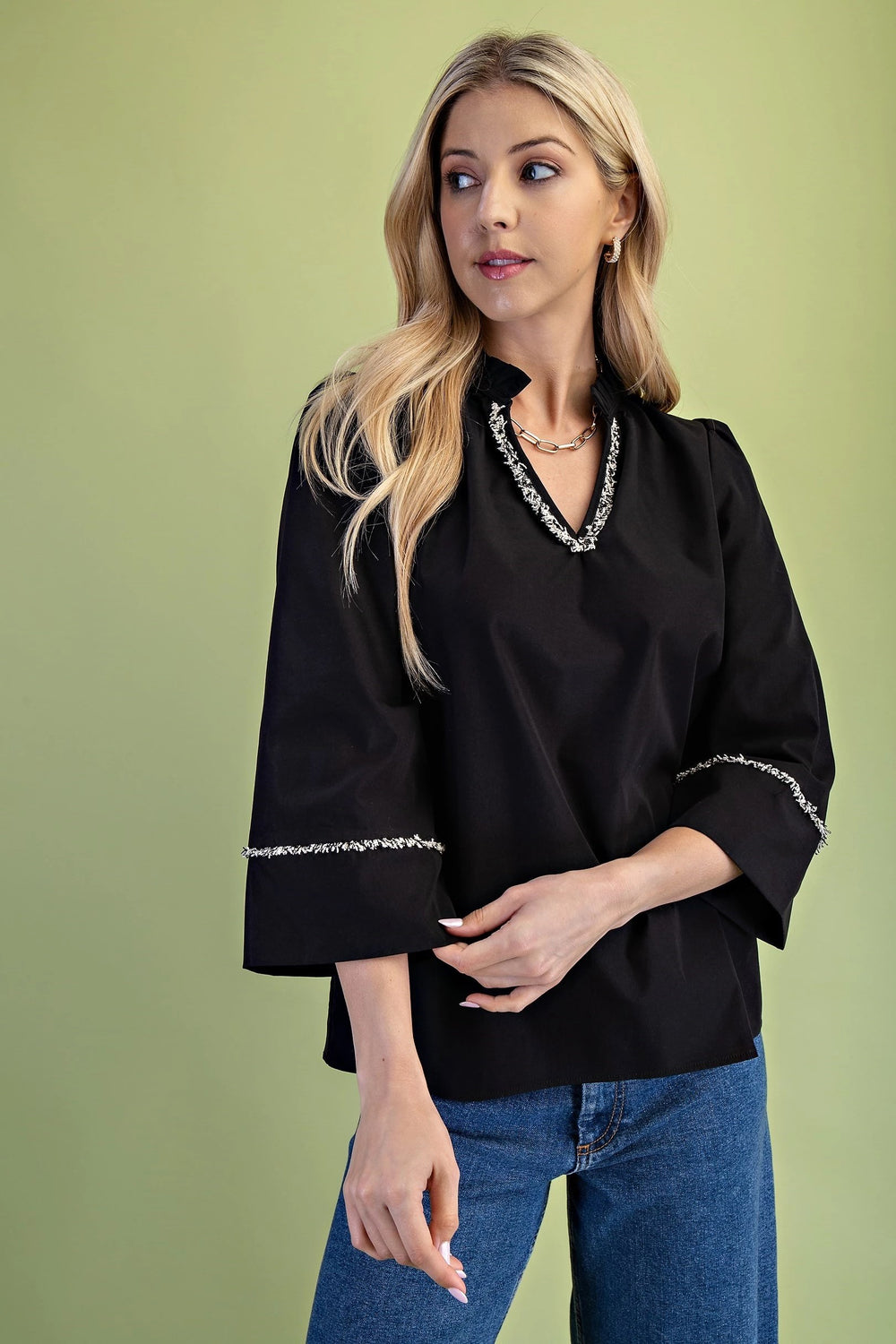 Ruffled Neck & Fringe Blouse