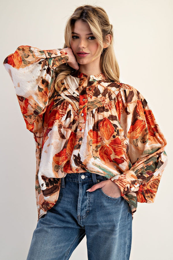 Abstract Floral Printed Button Down Blouse