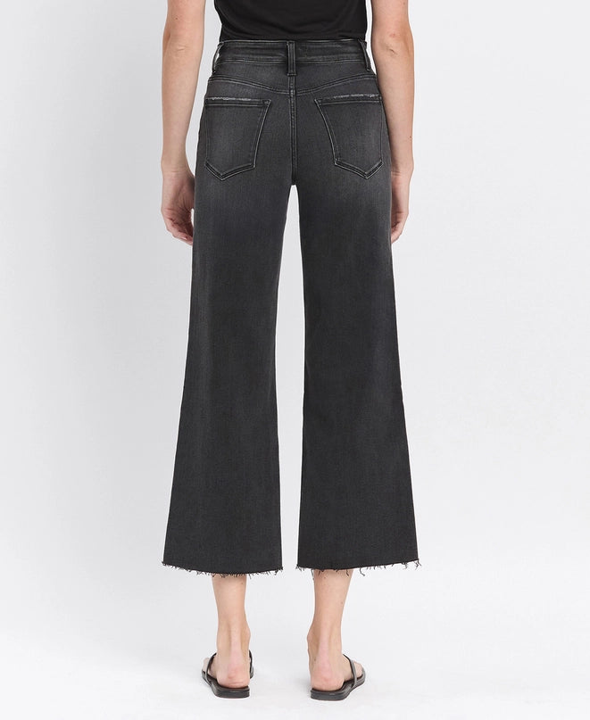 High Rise Clean Cut Raw Hem Crop Wide Leg Jeans