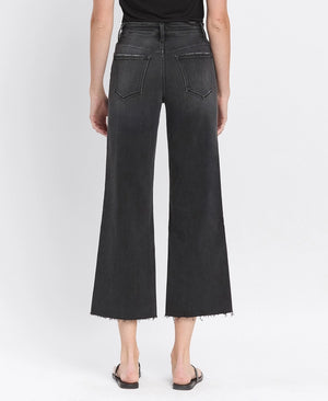 High Rise Clean Cut Raw Hem Crop Wide Leg Jeans
