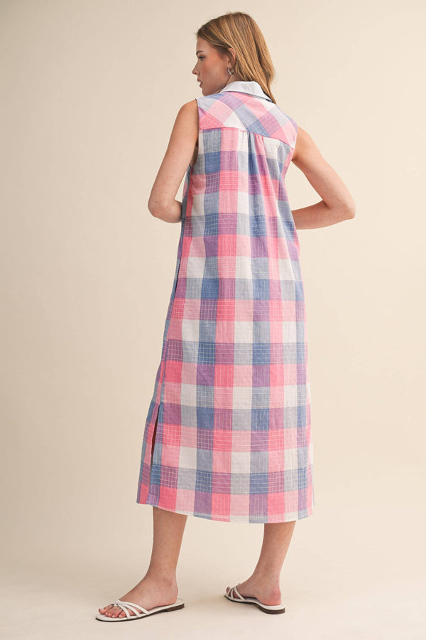 Checkered Plaid Button Down Midi Dress