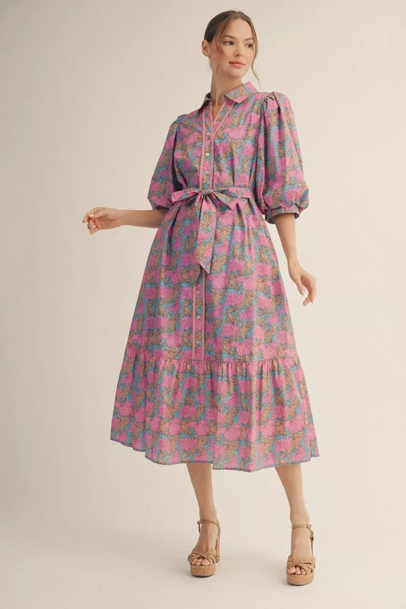 Puff Sleeve Floral Midi Dress