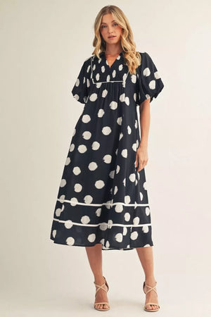 Puff Sleeve Polk Dot Midi Dress