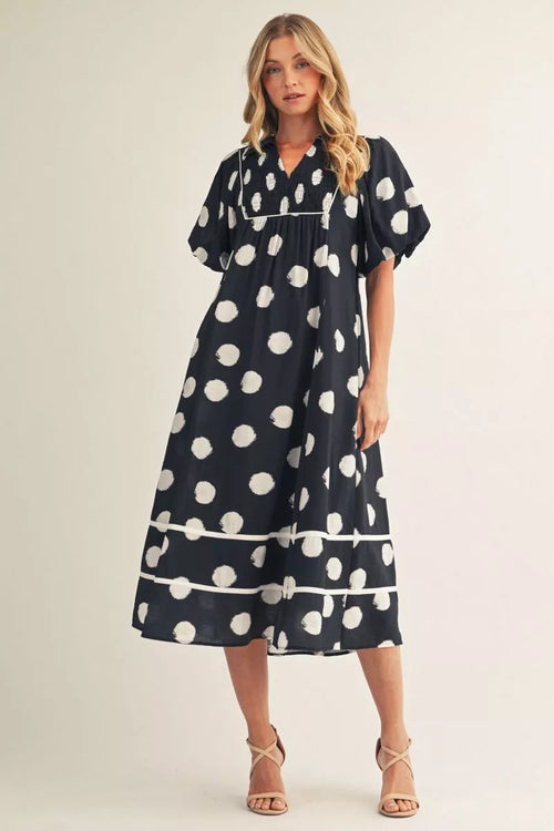 Puff Sleeve Polk Dot Midi Dress