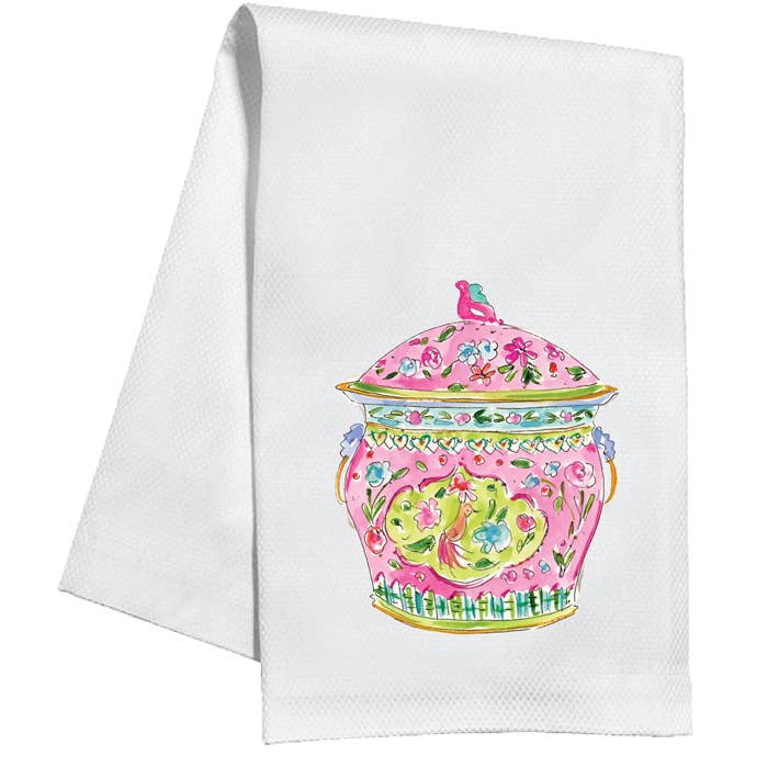 Handpainted Pink Chinoiserie Urn Kitchen Towel