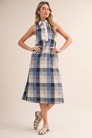 Checkered Plaid Button Down Midi Dress