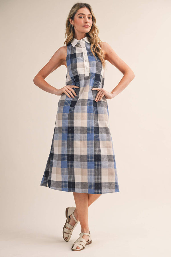 Checkered Plaid Button Down Midi Dress