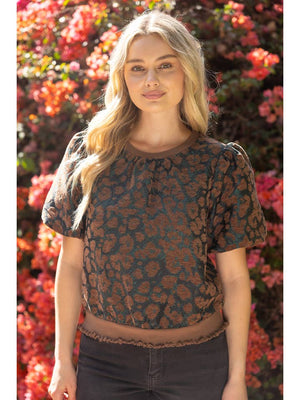 Short Bubble Sleeve Animal Velvet Jaquard Top