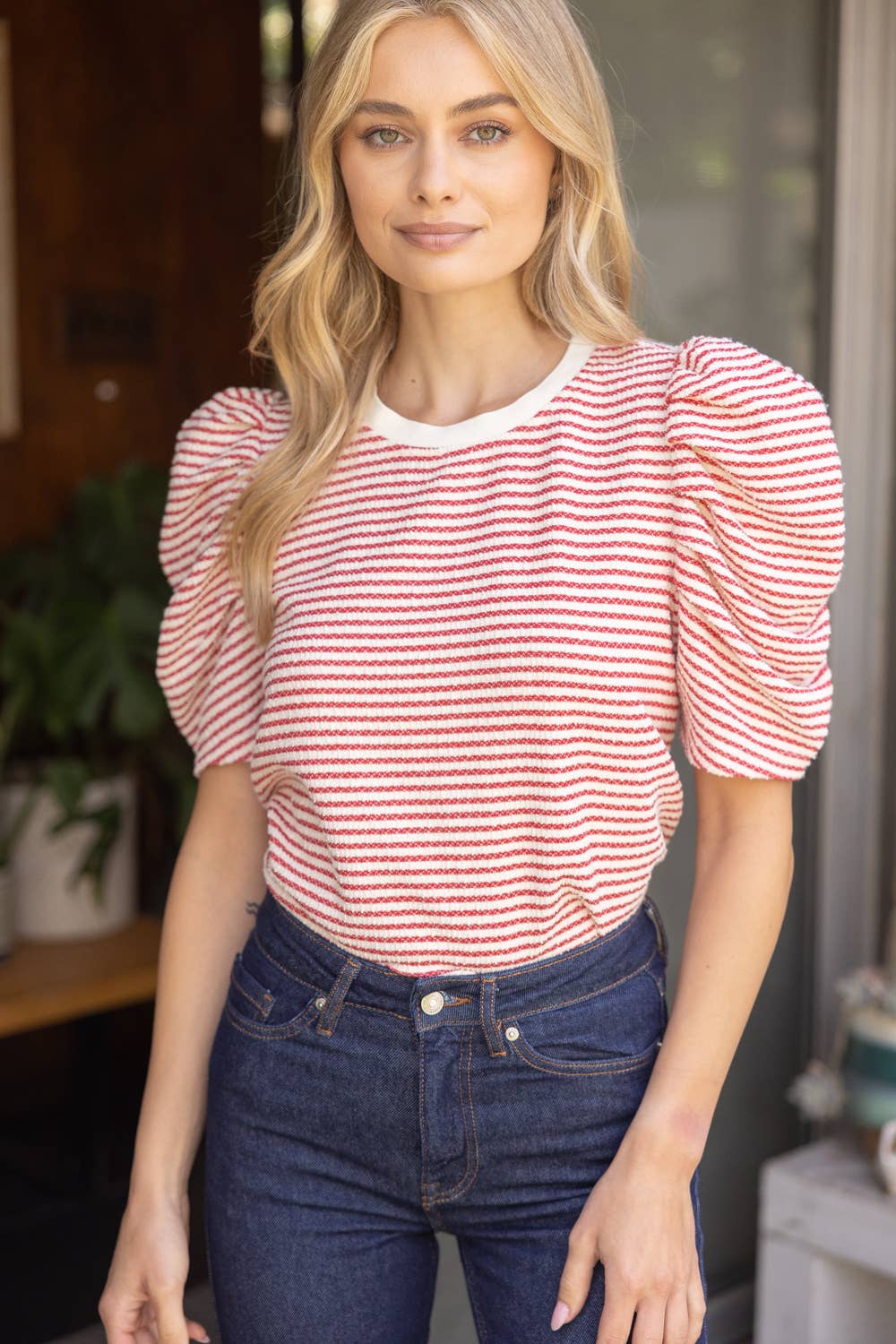 Textured Stripe Knit Pleated Short Sleeve Top