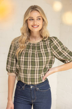 Suede Accent Banded Crinkled Plaid Top