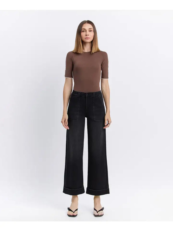 High Rise Cuffed Baggy Wide Black Jeans