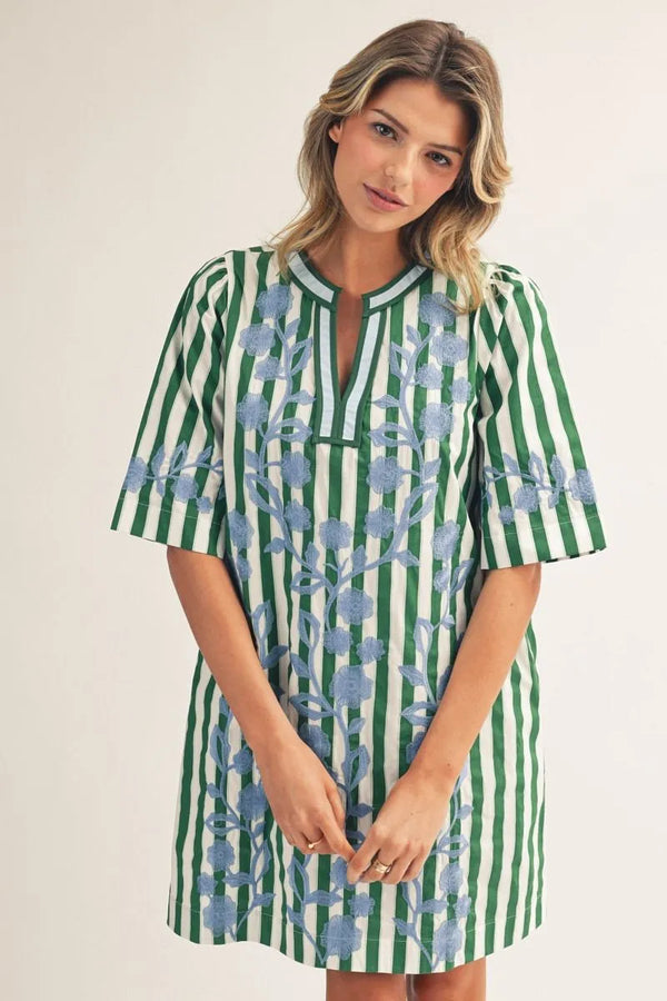 Stripe & Embroidery Shift Dress