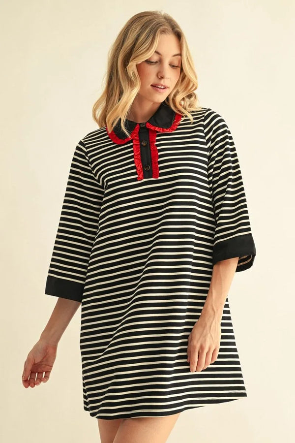 Red Collar & Stripe Shift Mini Dress