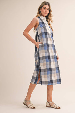 Checkered Plaid Button Down Midi Dress