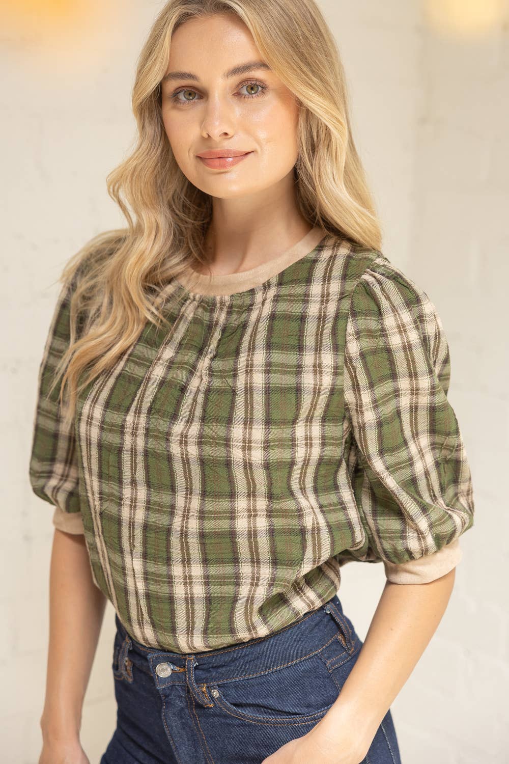 Suede Accent Banded Crinkled Plaid Top