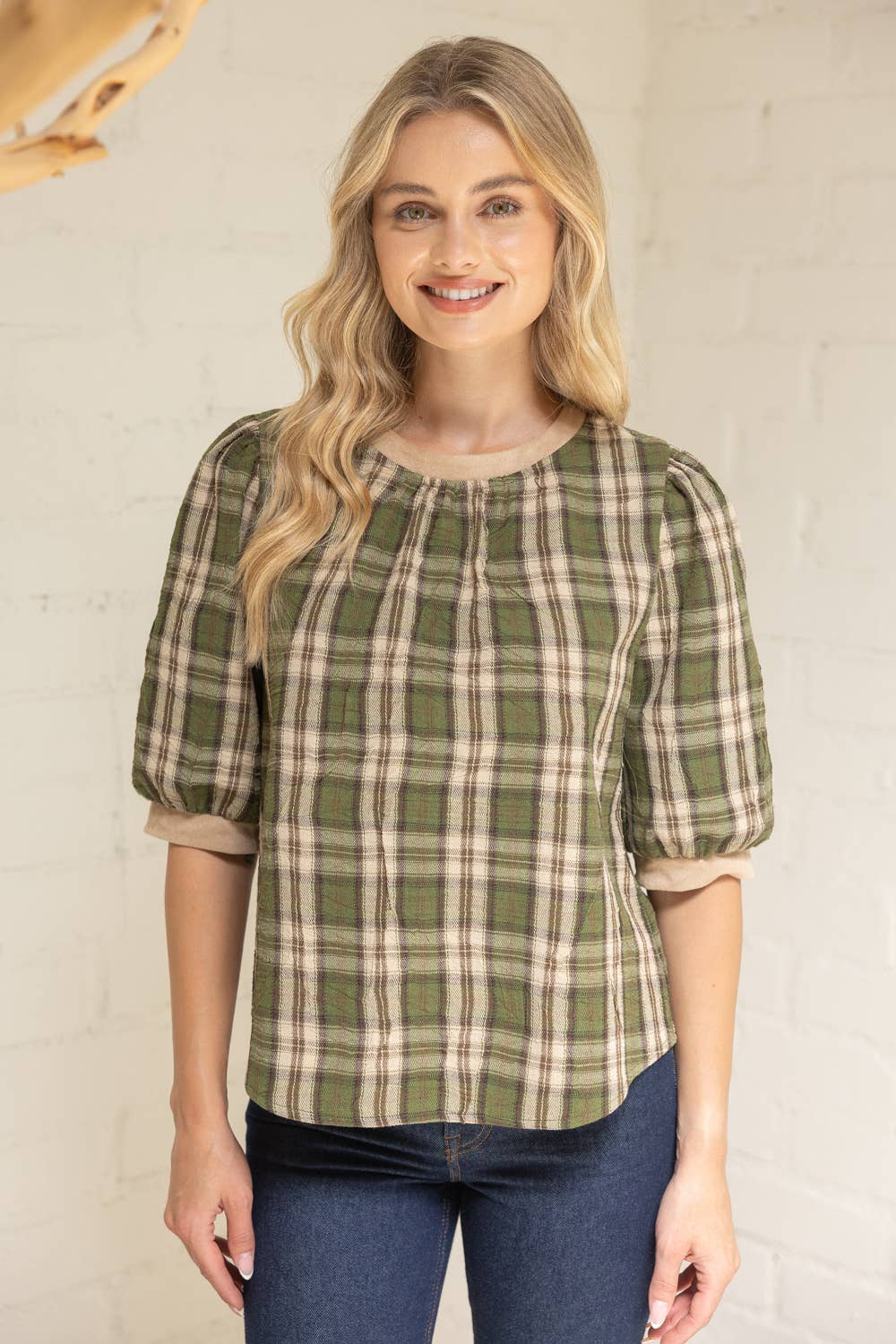 Suede Accent Banded Crinkled Plaid Top