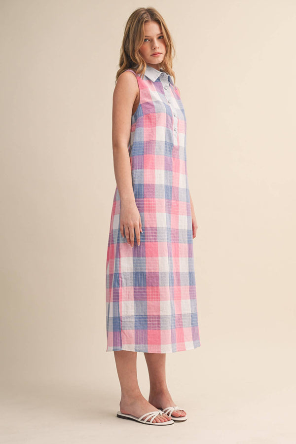 Checkered Plaid Button Down Midi Dress