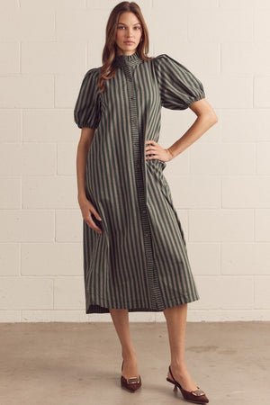 Stripe Puff Sleeve Midi Dress