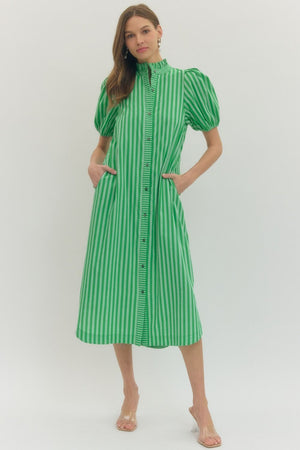Stripe Puff Sleeve Midi Dress