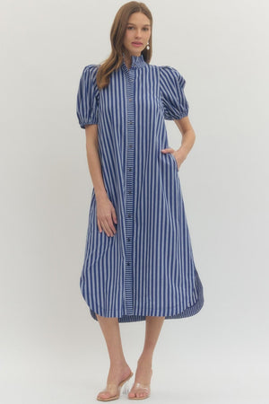 Stripe Puff Sleeve Midi Dress