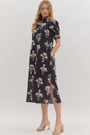 Botanical Print Puff Sleeve Midi Sleeve