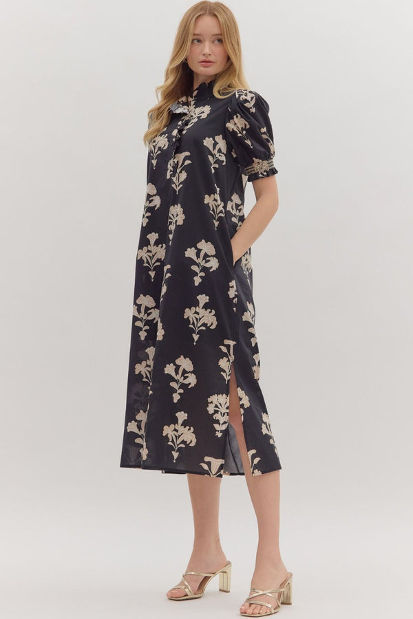 Botanical Print Puff Sleeve Midi Sleeve