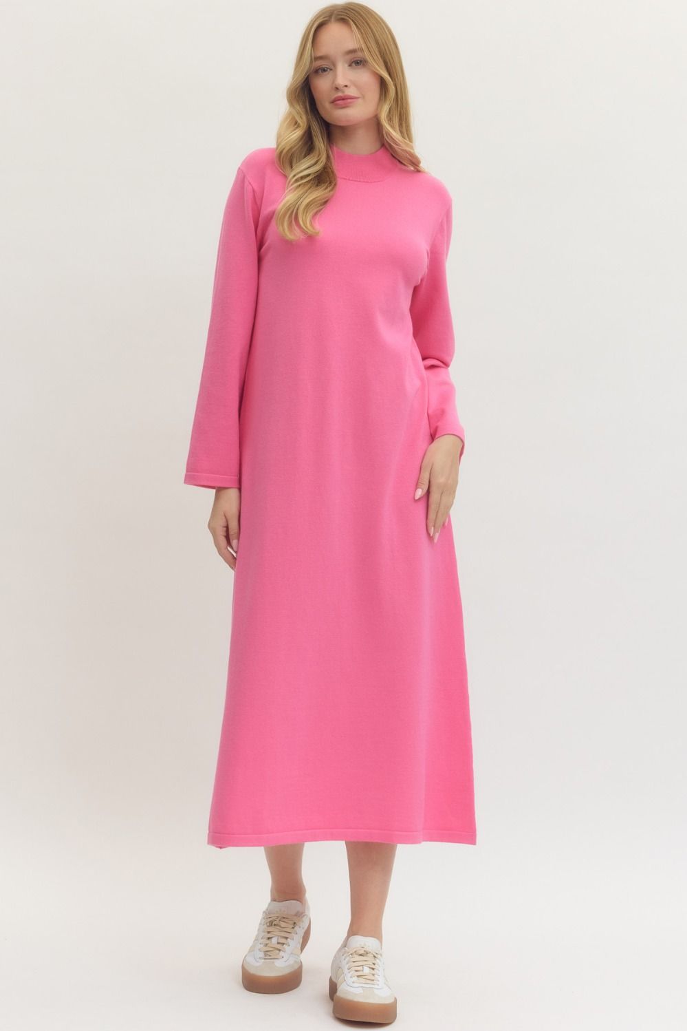 Solid Mock Neck Long Sleeve Midi Dress