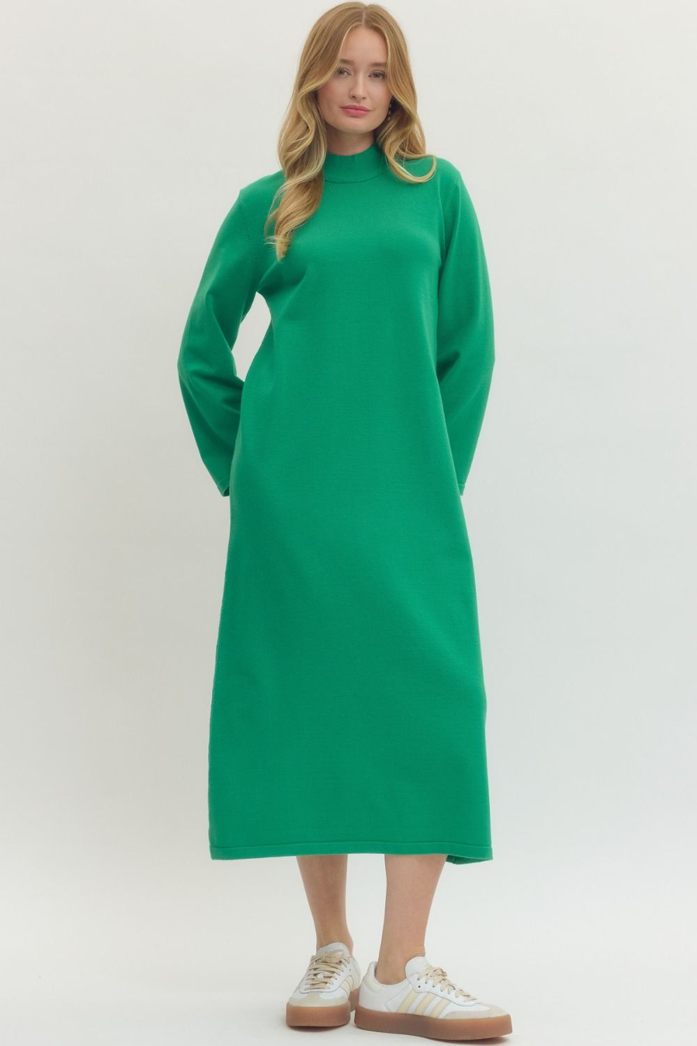 Solid Mock Neck Long Sleeve Midi Dress