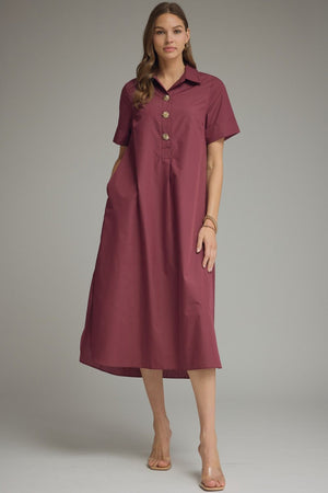 Wine Gold Button Midi Dress