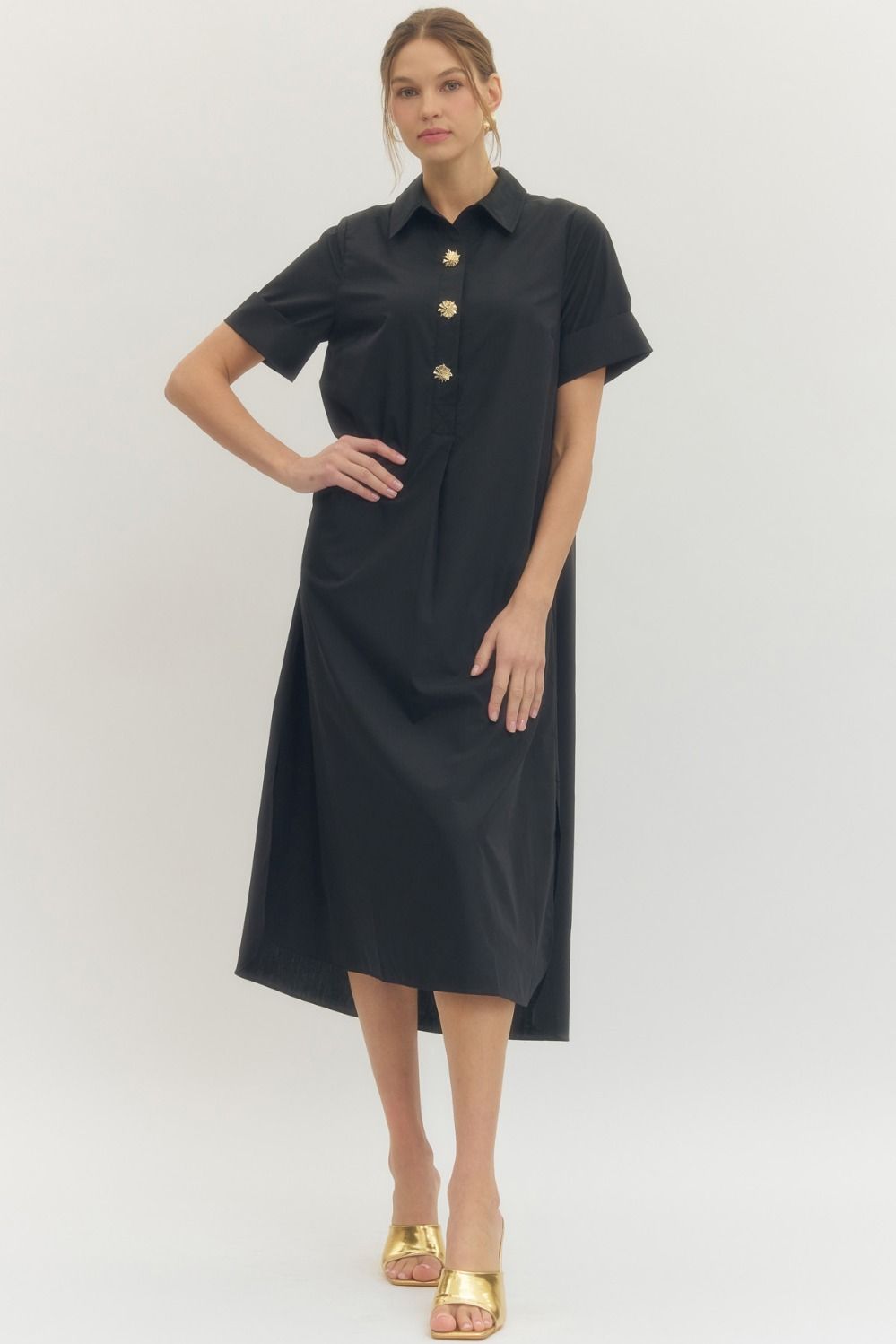 Short Sleeve Gold Button Midi Dress