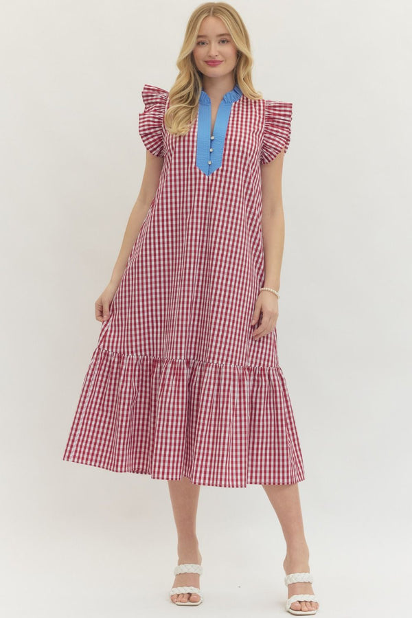 Red & Blue Gingham Midi Dress