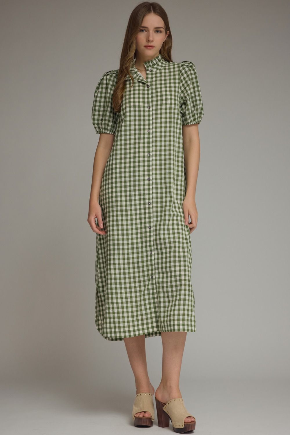 Gingham Puff Sleve Midi Dress