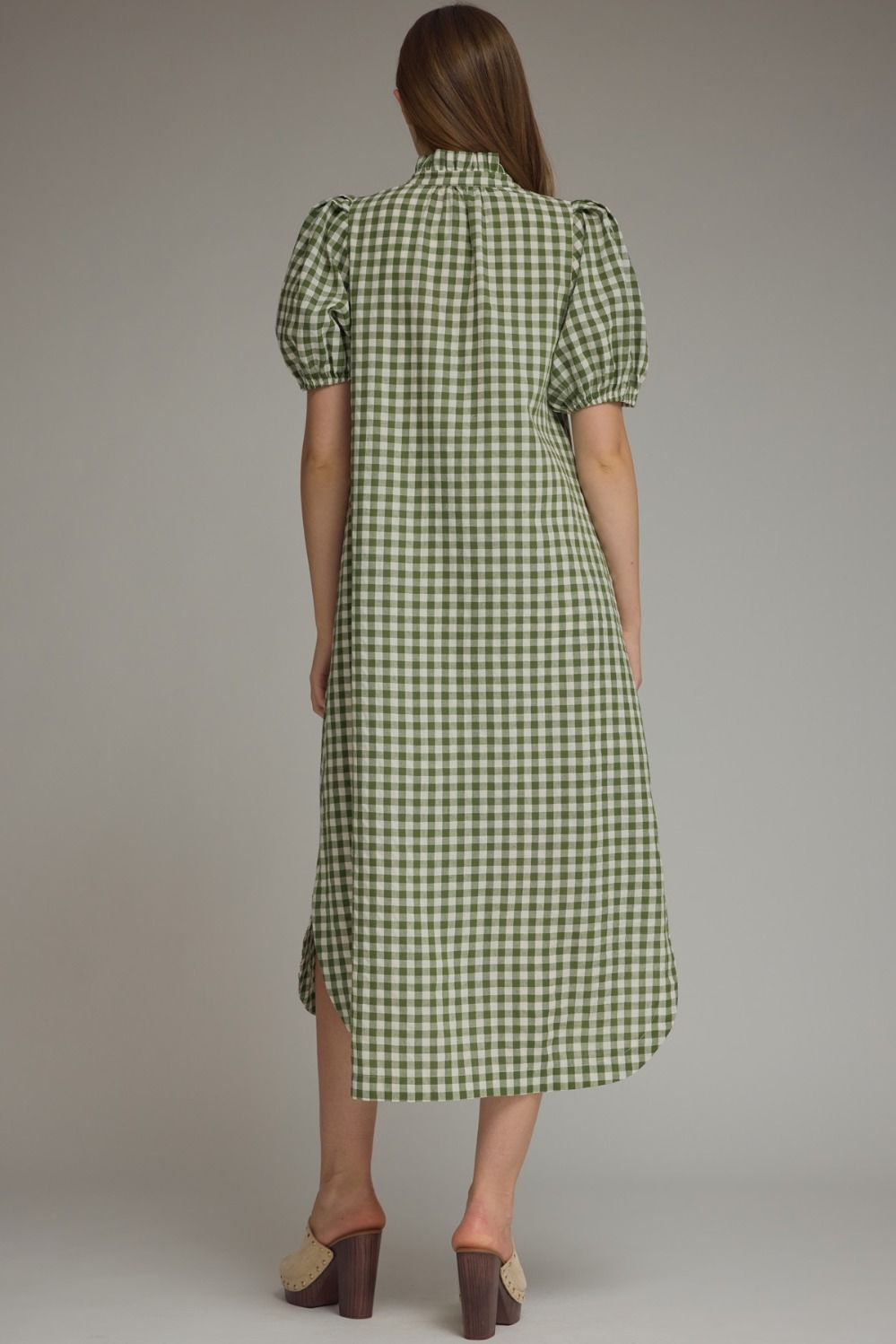 Gingham Puff Sleve Midi Dress