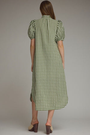 Gingham Puff Sleve Midi Dress