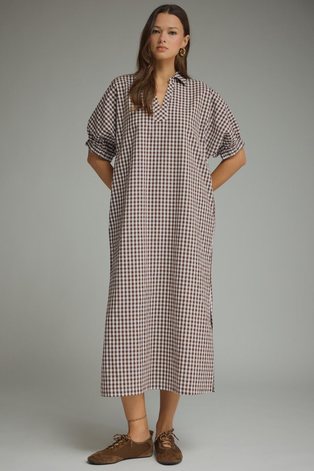 Gingham V-Neck Midi Dress