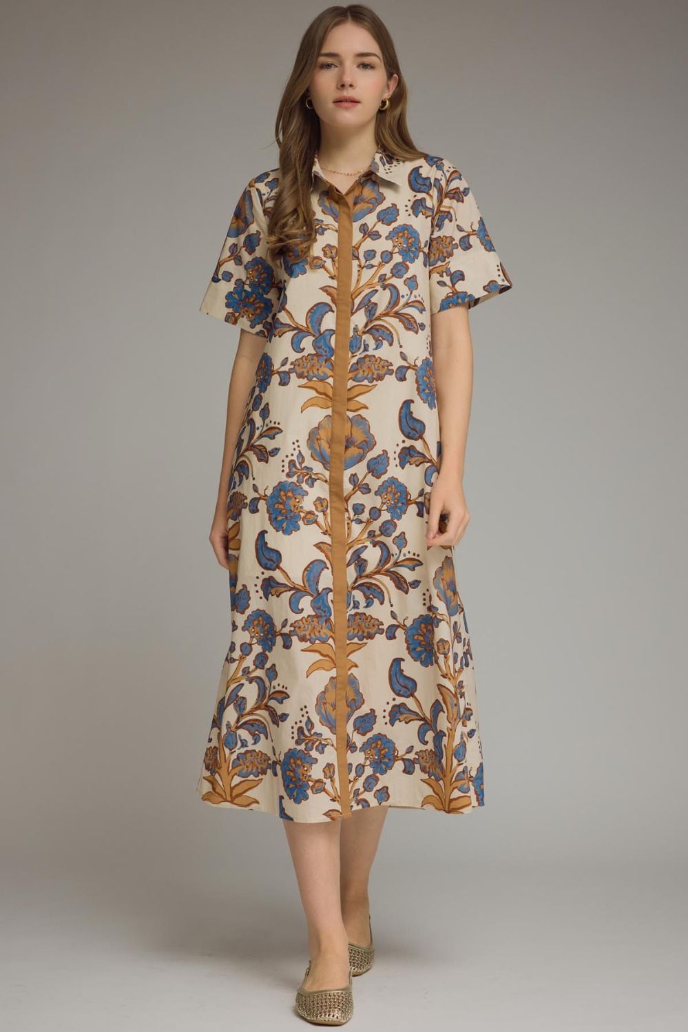 Beige Floral Midi Dress