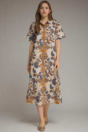Beige Floral Midi Dress