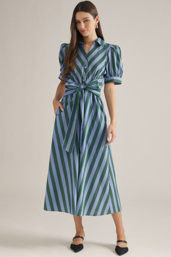 Green & Blue Stripe Midi Dress