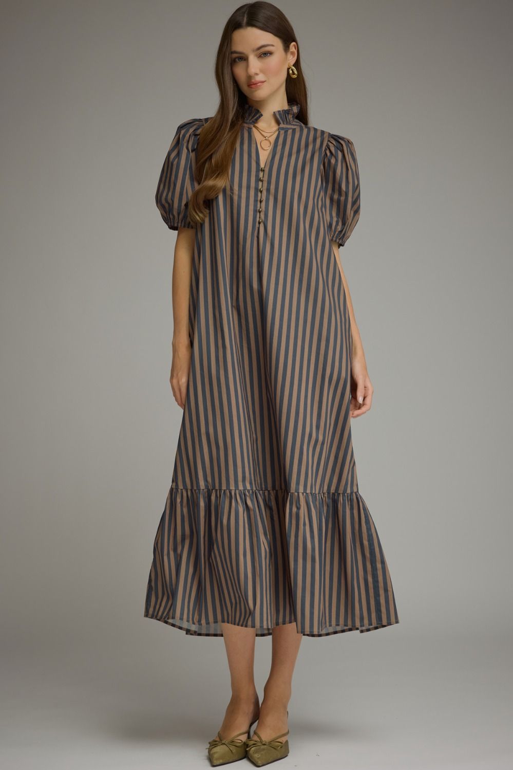 Navy & Brown Striped Midi Dress