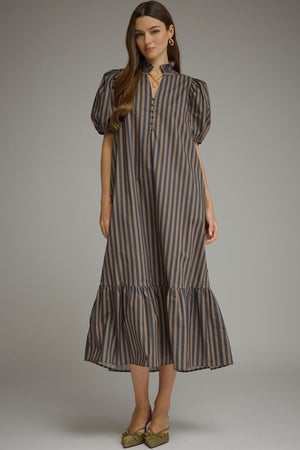 Navy & Brown Striped Midi Dress