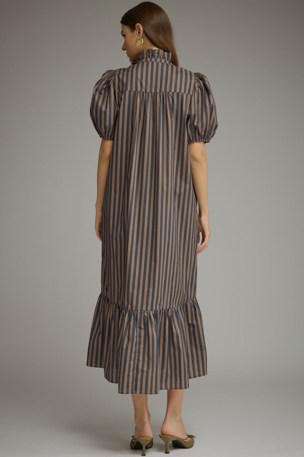 Navy & Brown Striped Midi Dress